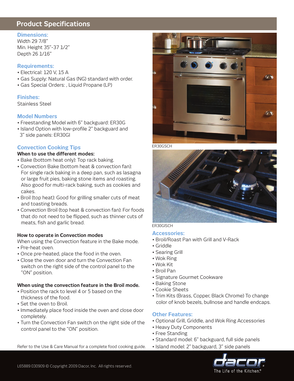 Product specifications | Dacor eR30GSCh User Manual | Page 2 / 2