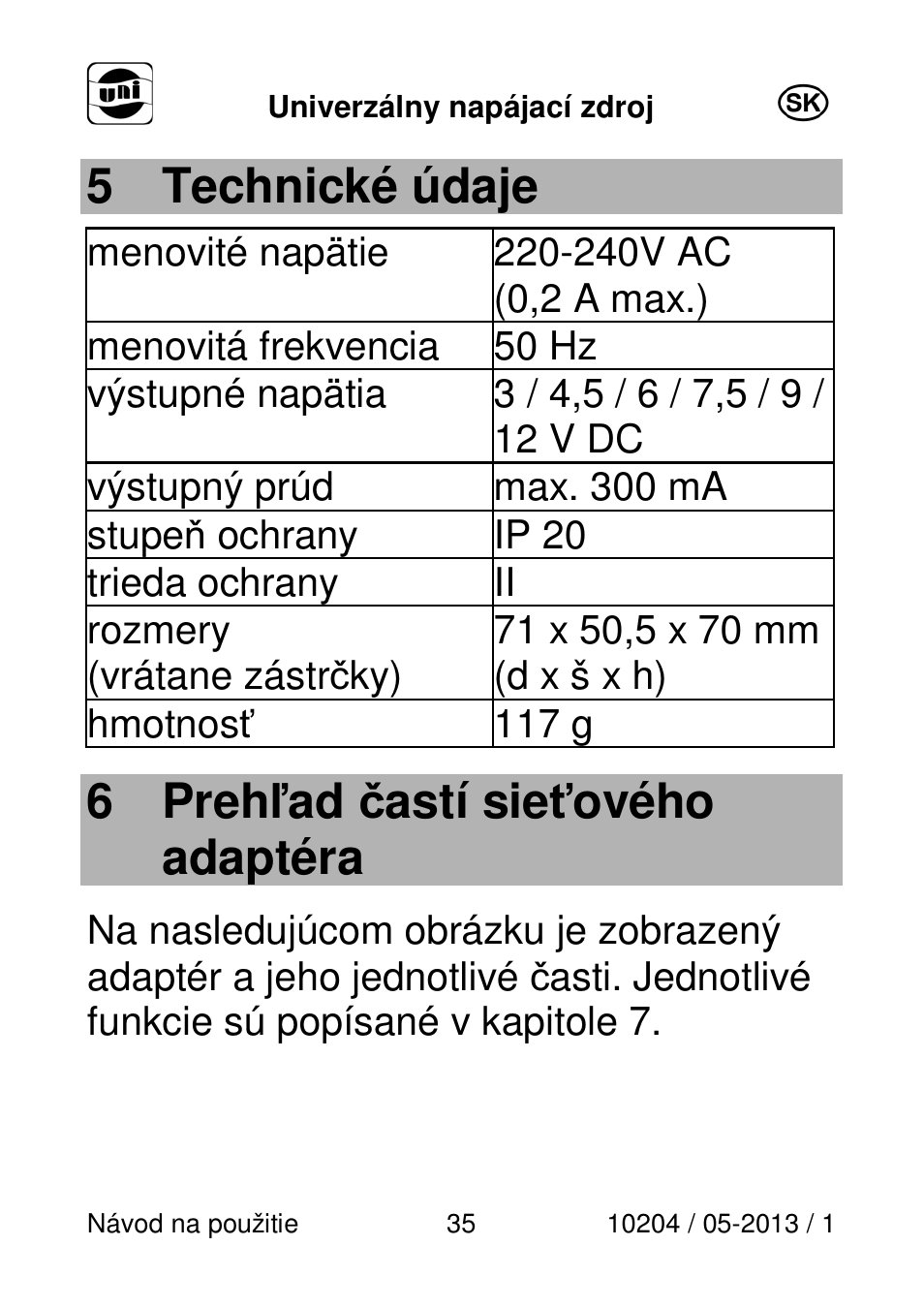 5 technické údaje, 6 prehľad častí sieťového adaptéra | Powerfix Power Socket Switch User Manual | Page 35 / 87