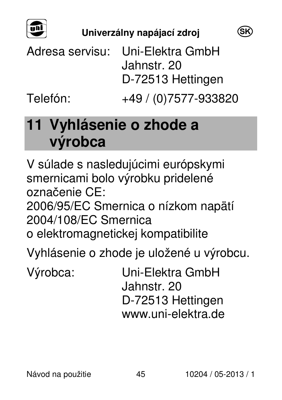11 vyhlásenie o zhode a výrobca | Powerfix Power Socket Switch User Manual | Page 45 / 87
