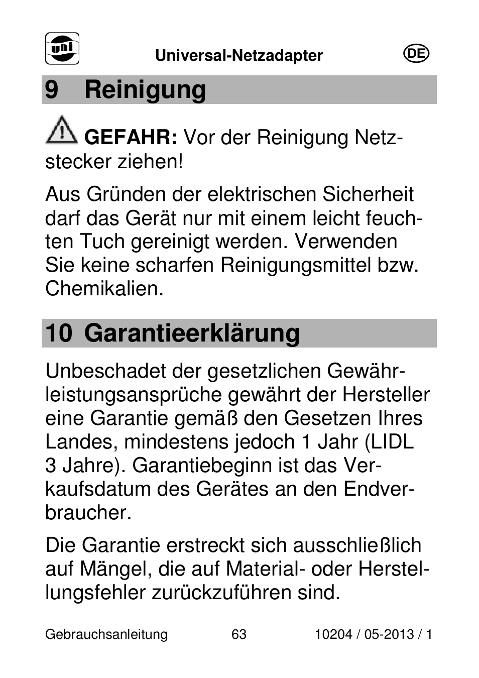9 reinigung, 10 garantieerklärung | Powerfix Power Socket Switch User Manual | Page 63 / 87