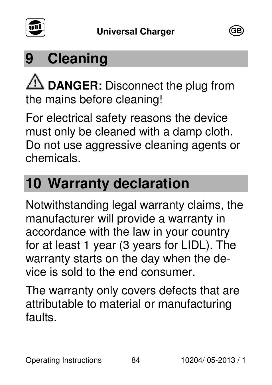 9 cleaning, 10 warranty declaration | Powerfix Power Socket Switch User Manual | Page 84 / 87