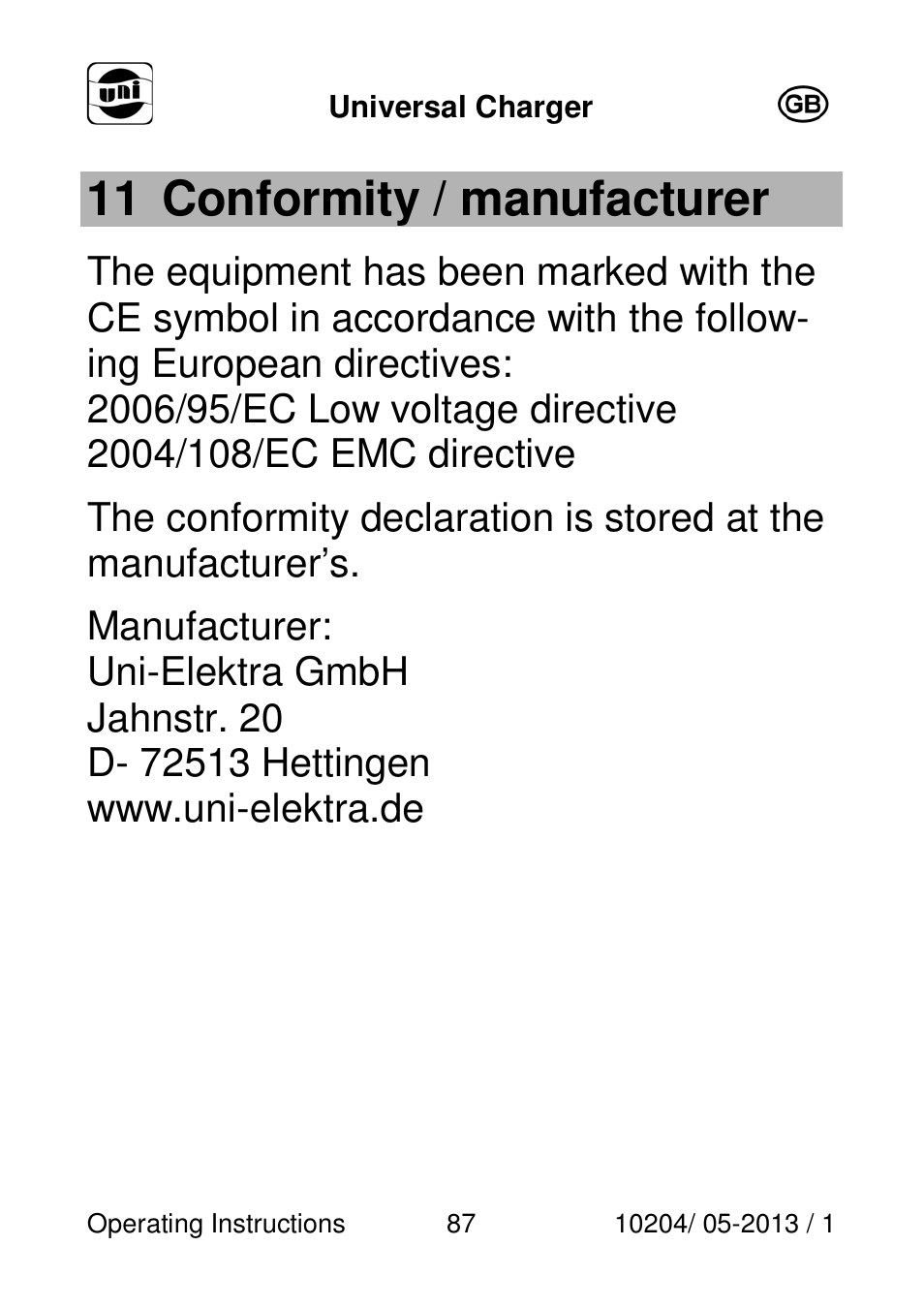 11 conformity / manufacturer | Powerfix Power Socket Switch User Manual | Page 87 / 87