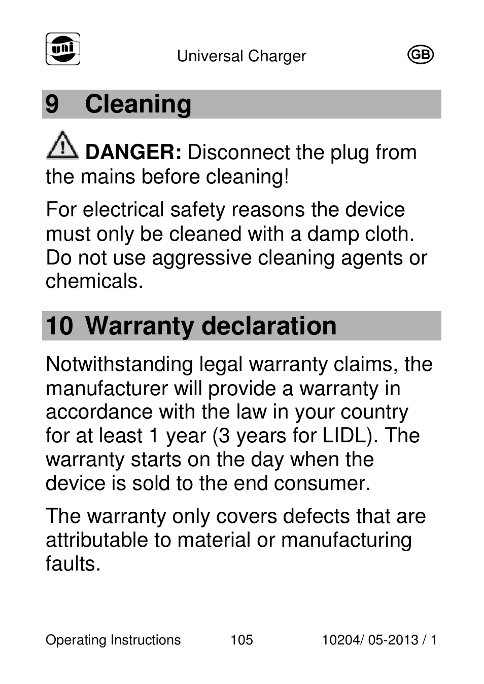 9 cleaning, 10 warranty declaration | Powerfix Power Socket Switch User Manual | Page 105 / 108