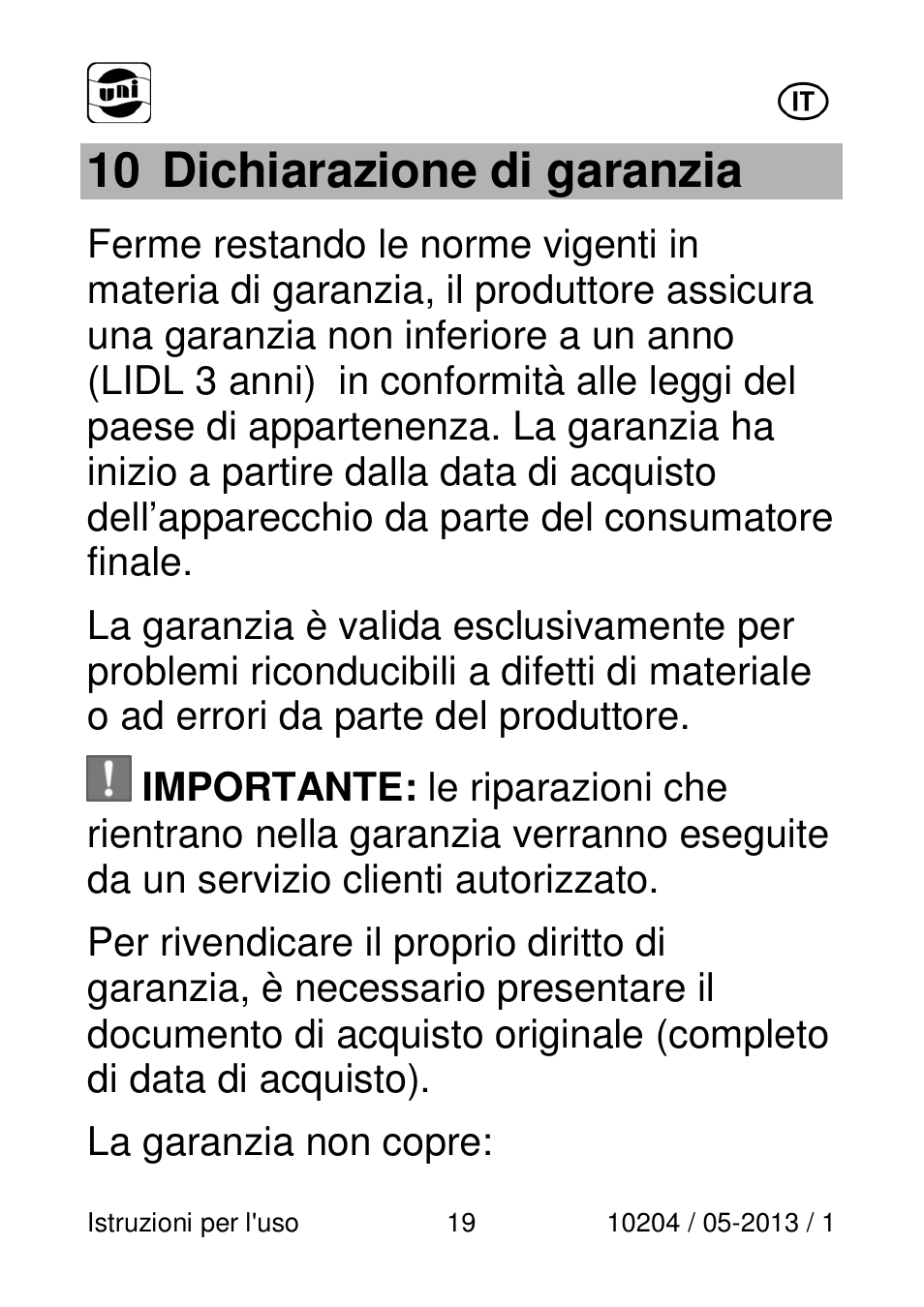 10 dichiarazione di garanzia | Powerfix Power Socket Switch User Manual | Page 19 / 108