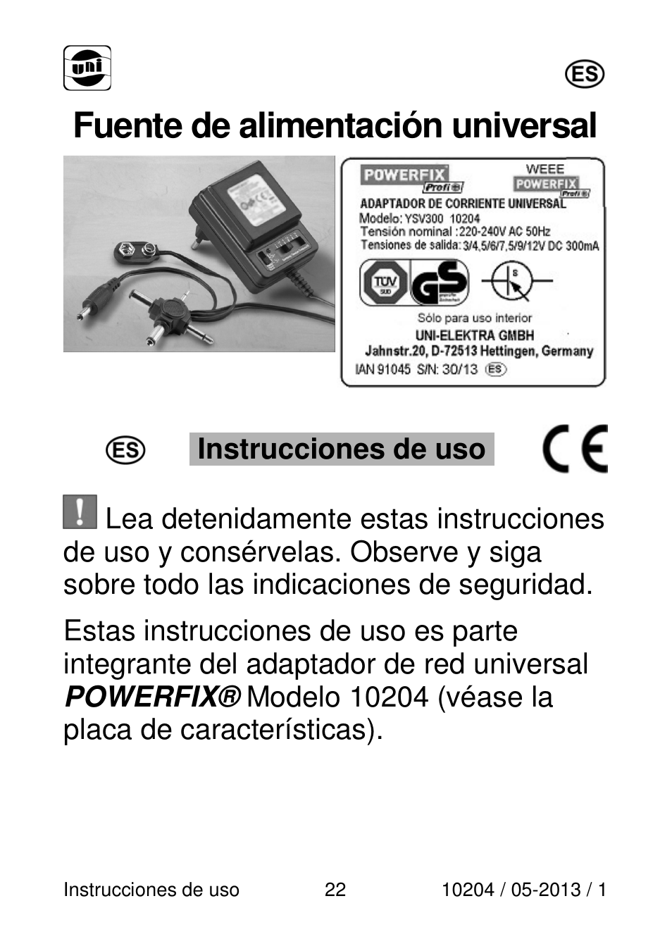 Fuente de alimentación universal, Instrucciones de uso | Powerfix Power Socket Switch User Manual | Page 22 / 108