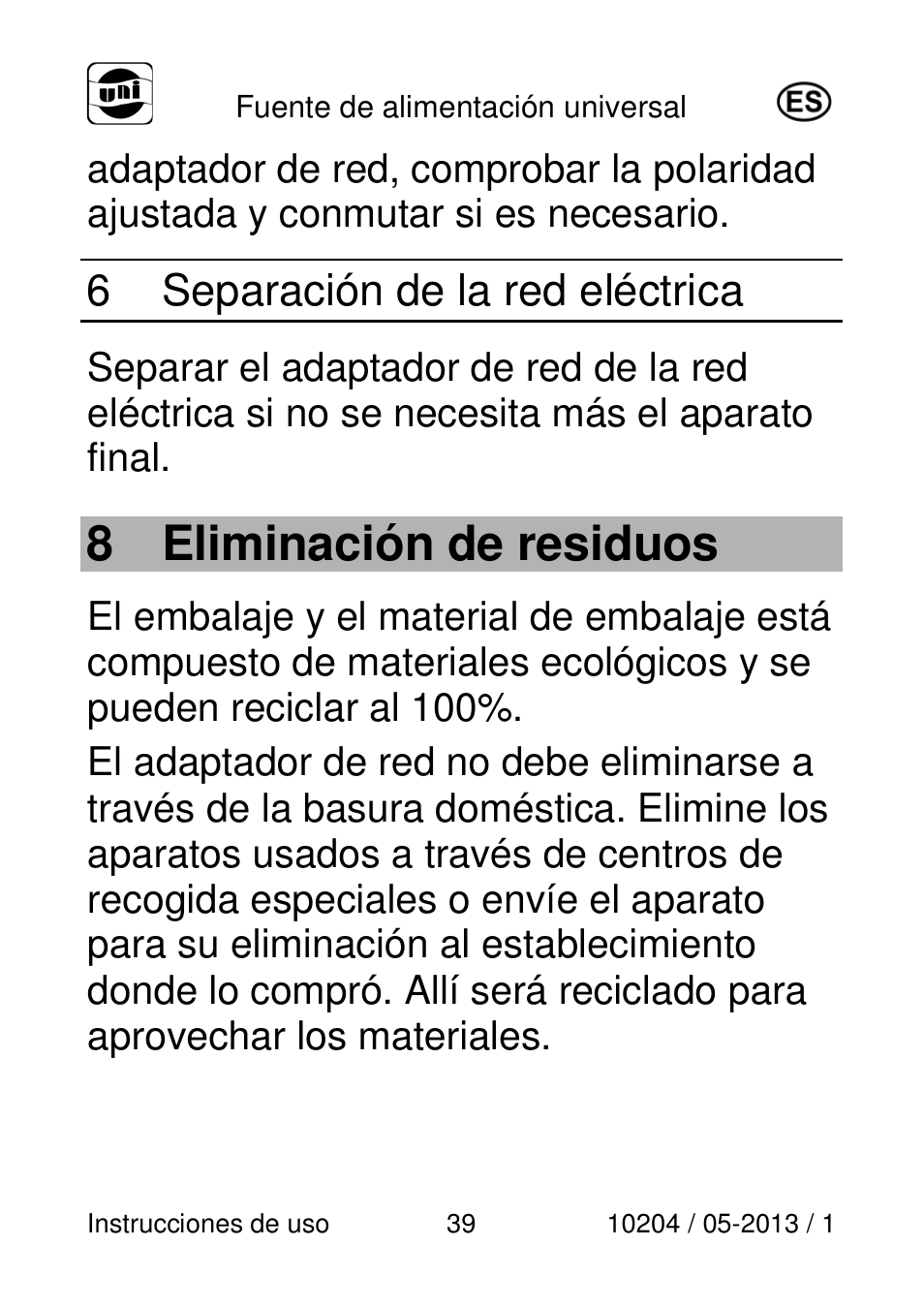 8 eliminación de residuos, 6 separación de la red eléctrica | Powerfix Power Socket Switch User Manual | Page 39 / 108