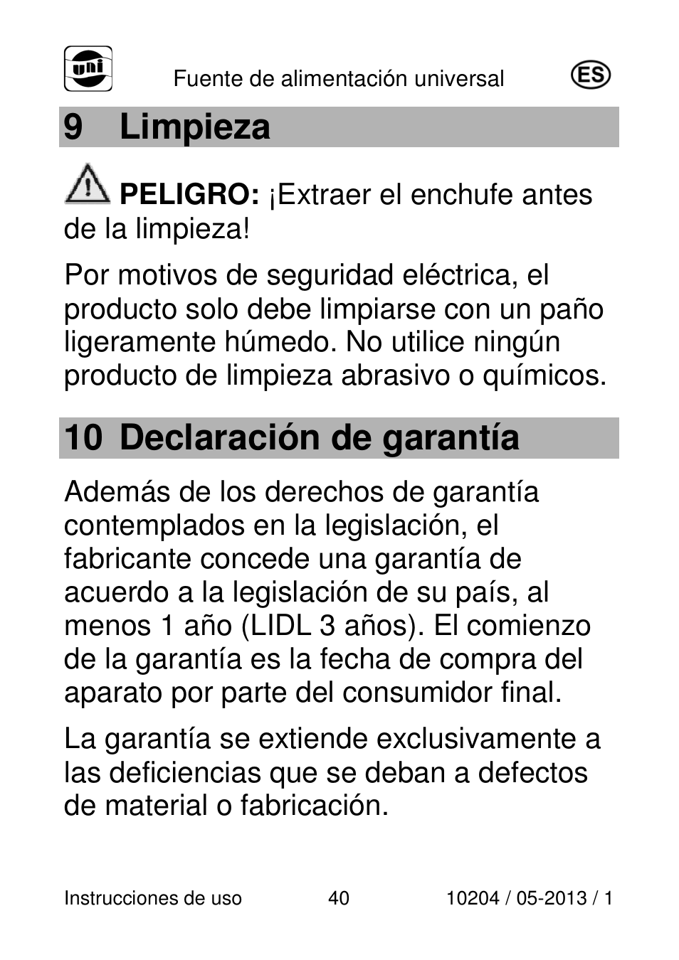 9 limpieza, 10 declaración de garantía | Powerfix Power Socket Switch User Manual | Page 40 / 108