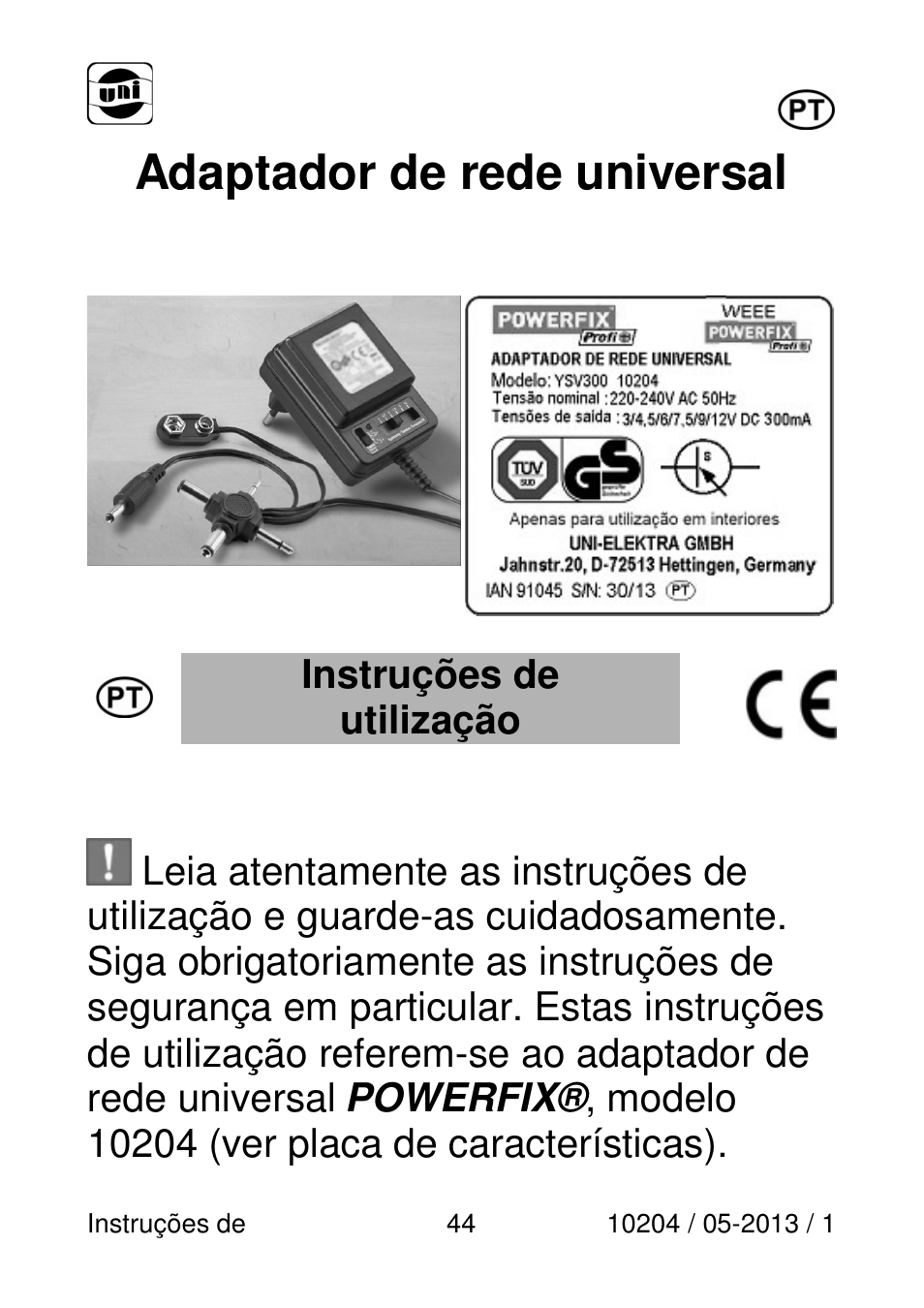 Adaptador de rede universal, Instruções de utilização | Powerfix Power Socket Switch User Manual | Page 44 / 108