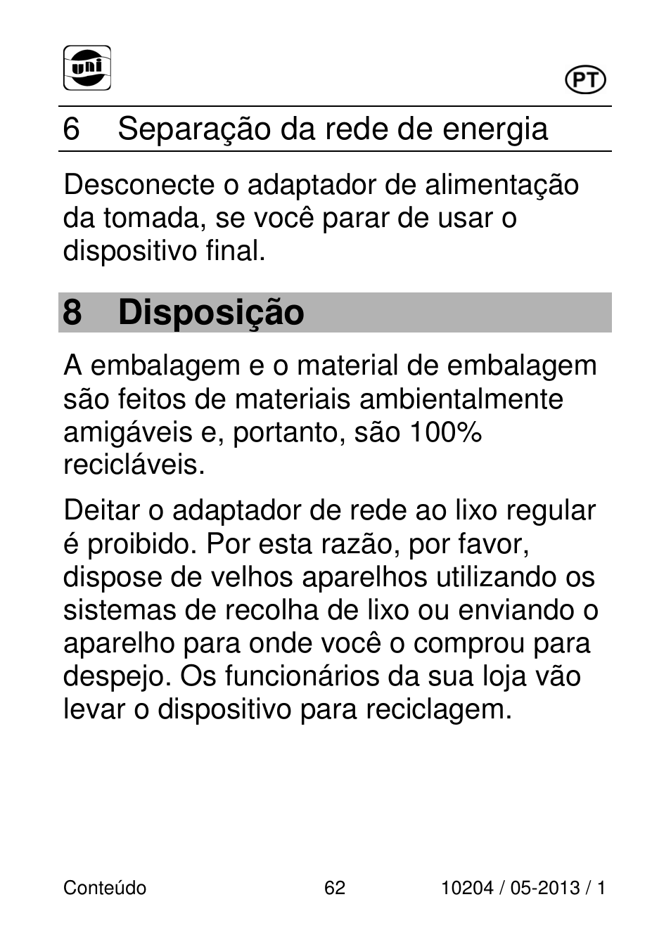 8 disposição, 6 separação da rede de energia | Powerfix Power Socket Switch User Manual | Page 62 / 108