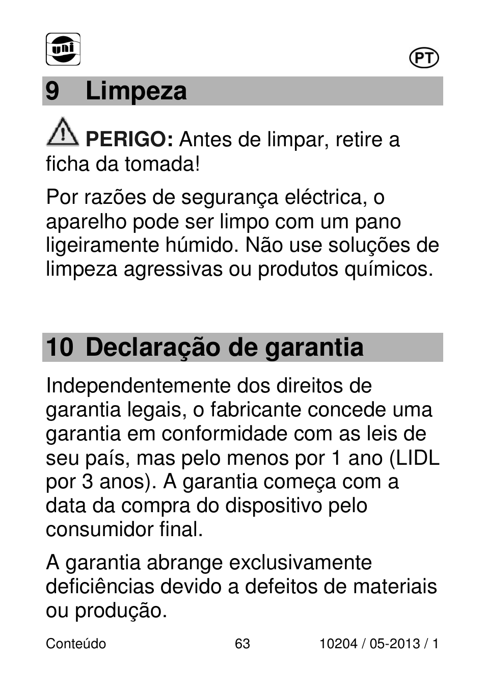 9 limpeza, 10 declaração de garantia | Powerfix Power Socket Switch User Manual | Page 63 / 108