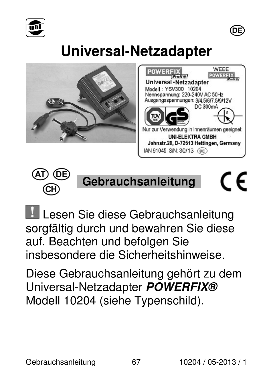 Universal-netzadapter, Gebrauchsanleitung | Powerfix Power Socket Switch User Manual | Page 67 / 108