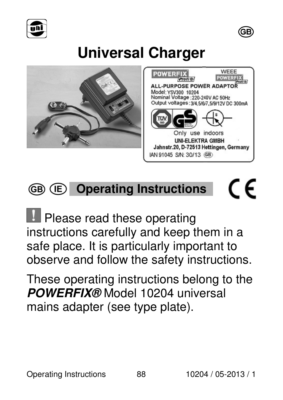 Universal charger, Operating instructions | Powerfix Power Socket Switch User Manual | Page 88 / 108