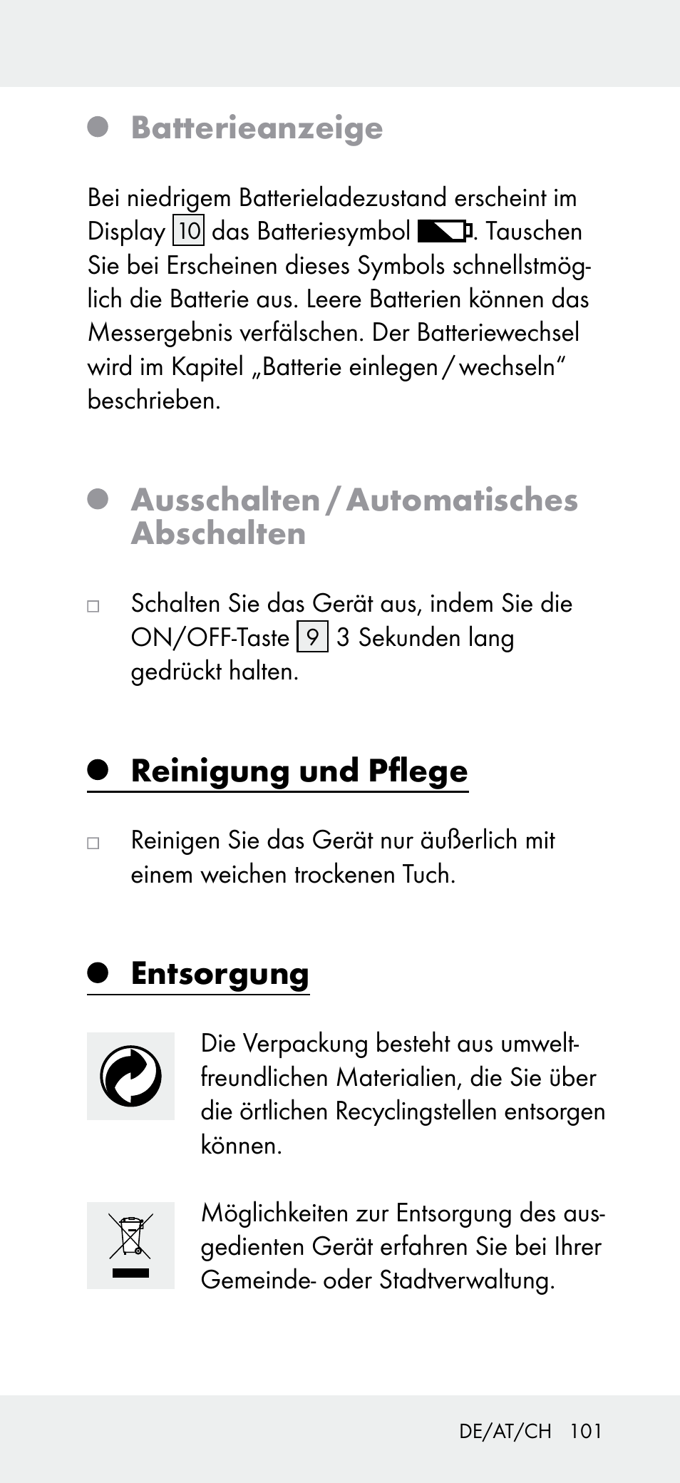 Batterieanzeige, Ausschalten / automatisches abschalten, Reinigung und pflege | Entsorgung | Powerfix Z31697A User Manual | Page 101 / 104