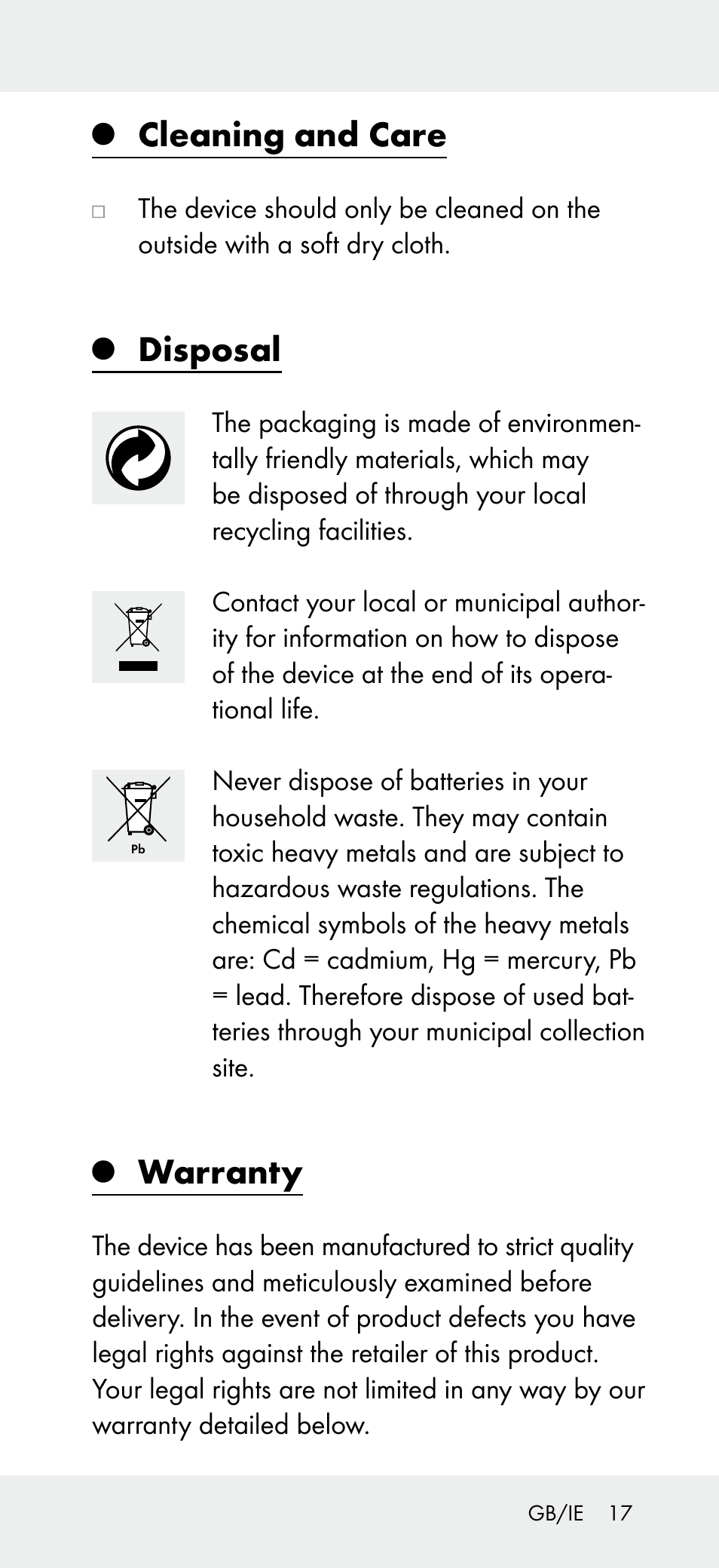 Cleaning and care, Disposal, Warranty | Powerfix Z31697A User Manual | Page 17 / 104