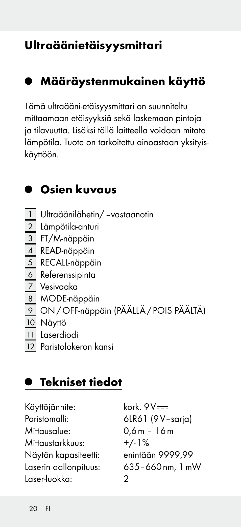 Ultraäänietäisyysmittari, Määräystenmukainen käyttö, Osien kuvaus | Tekniset tiedot | Powerfix Z31697A User Manual | Page 20 / 104
