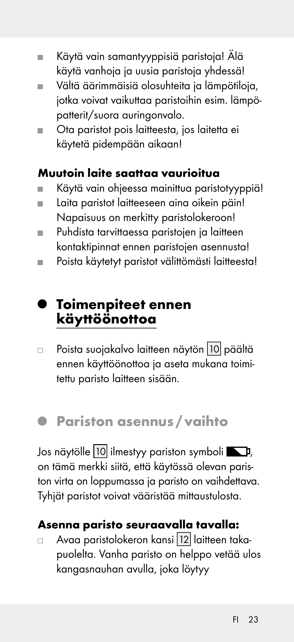 Toimenpiteet ennen käyttöönottoa, Pariston asennus / vaihto | Powerfix Z31697A User Manual | Page 23 / 104