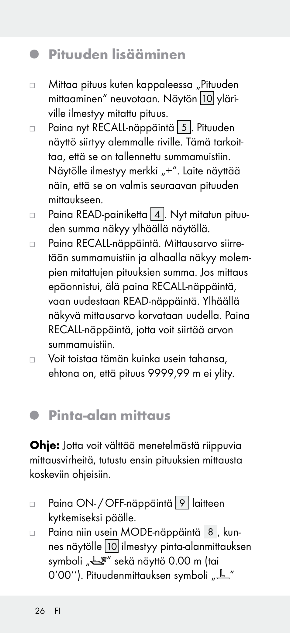 Pituuden lisääminen, Pinta-alan mittaus | Powerfix Z31697A User Manual | Page 26 / 104