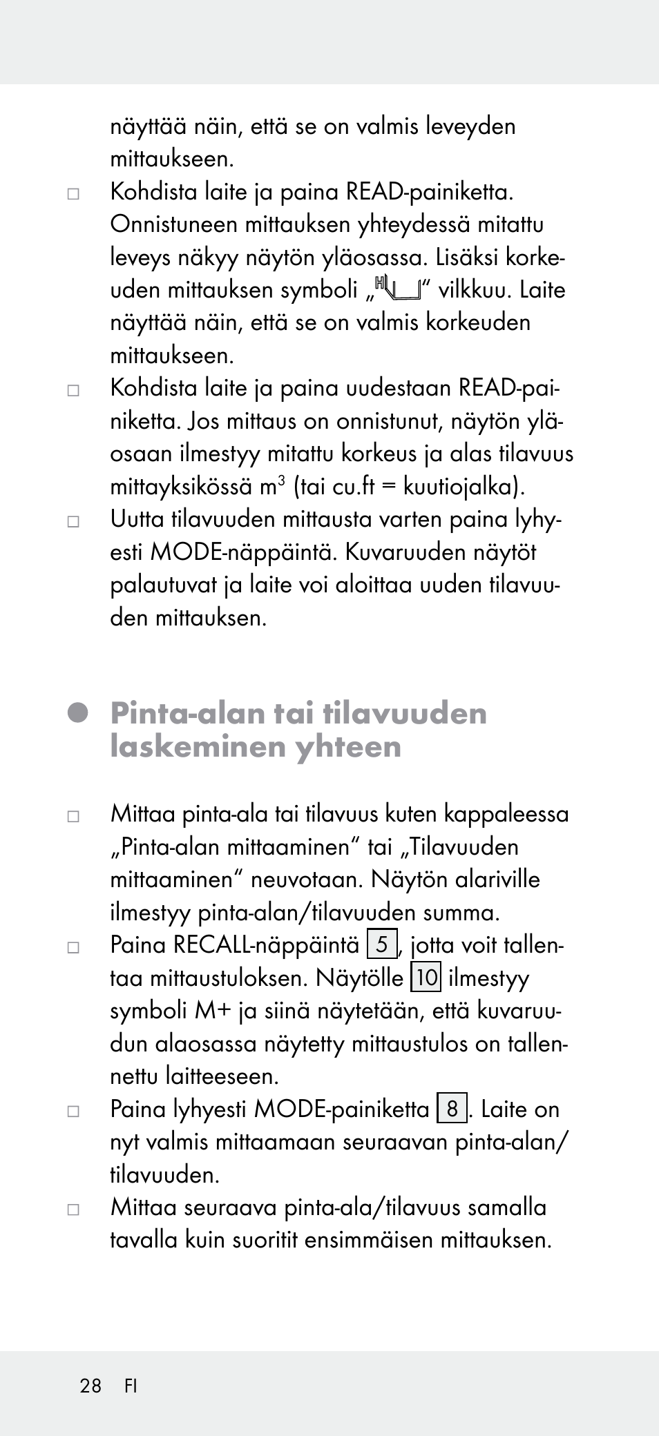 Pinta-alan tai tilavuuden laskeminen yhteen | Powerfix Z31697A User Manual | Page 28 / 104