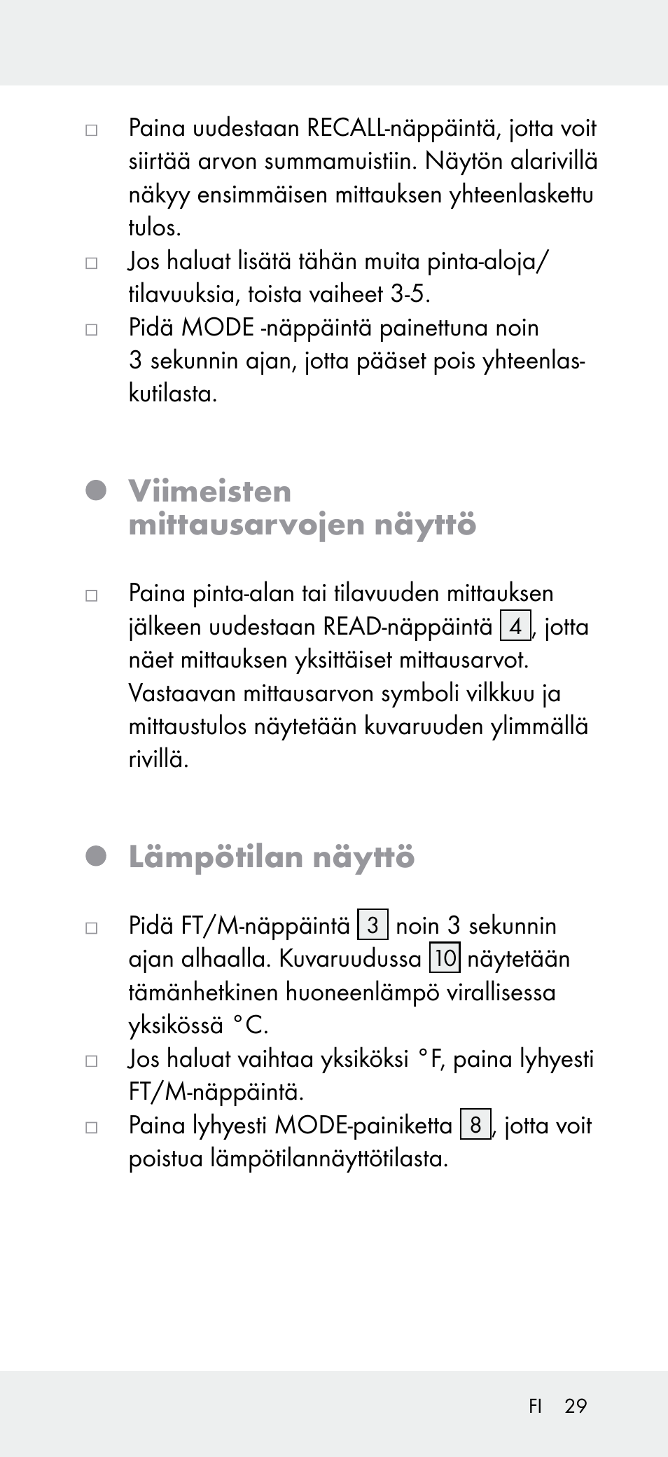 Viimeisten mittausarvojen näyttö, Lämpötilan näyttö | Powerfix Z31697A User Manual | Page 29 / 104