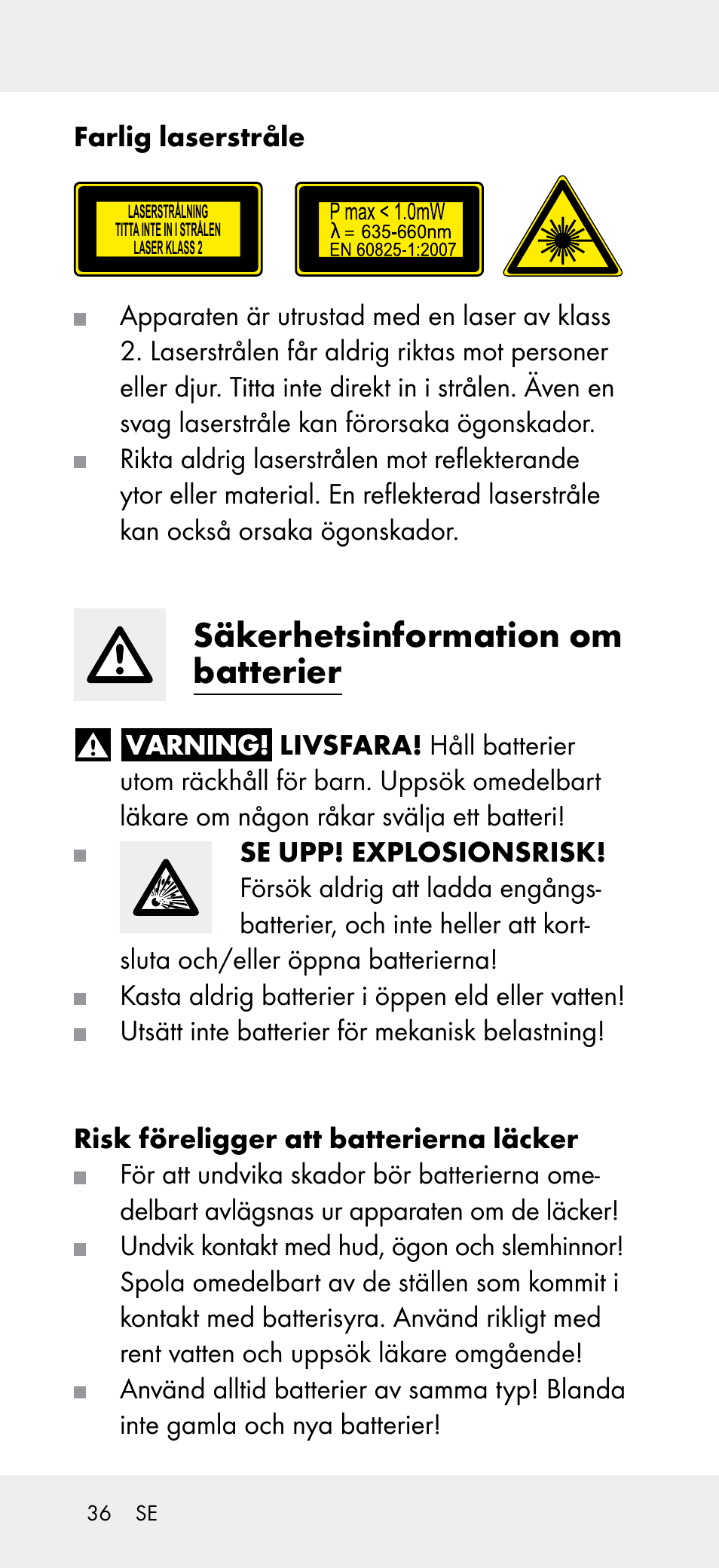 Säkerhetsinformation om batterier | Powerfix Z31697A User Manual | Page 36 / 104