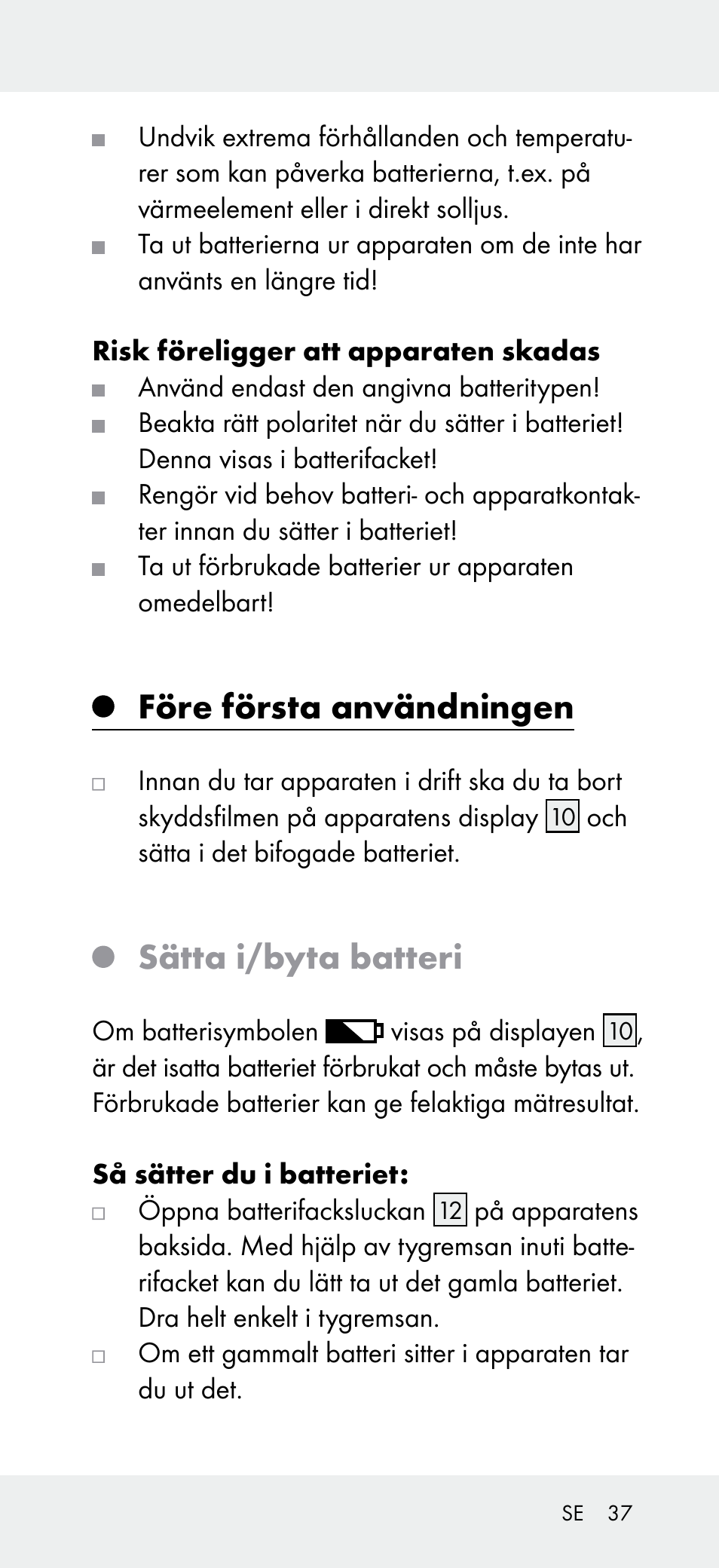 Före första användningen, Sätta i/byta batteri | Powerfix Z31697A User Manual | Page 37 / 104