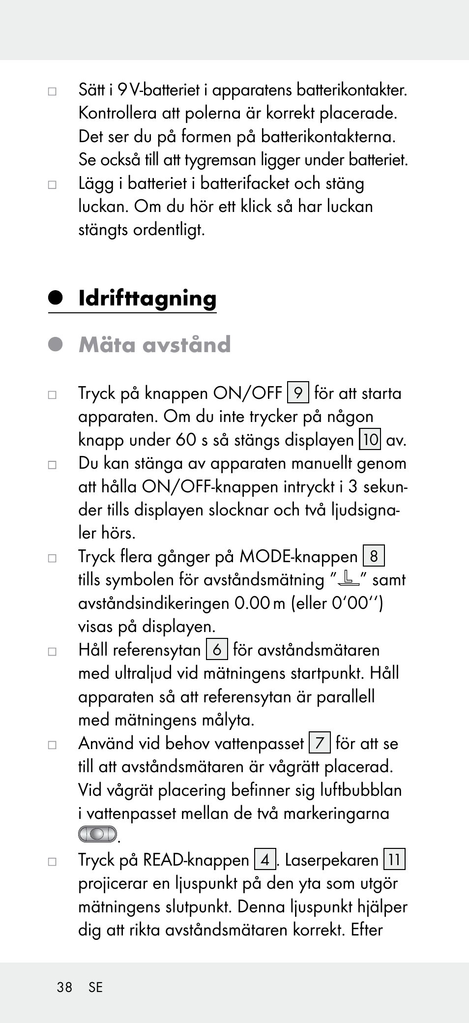 Idrifttagning, Mäta avstånd | Powerfix Z31697A User Manual | Page 38 / 104