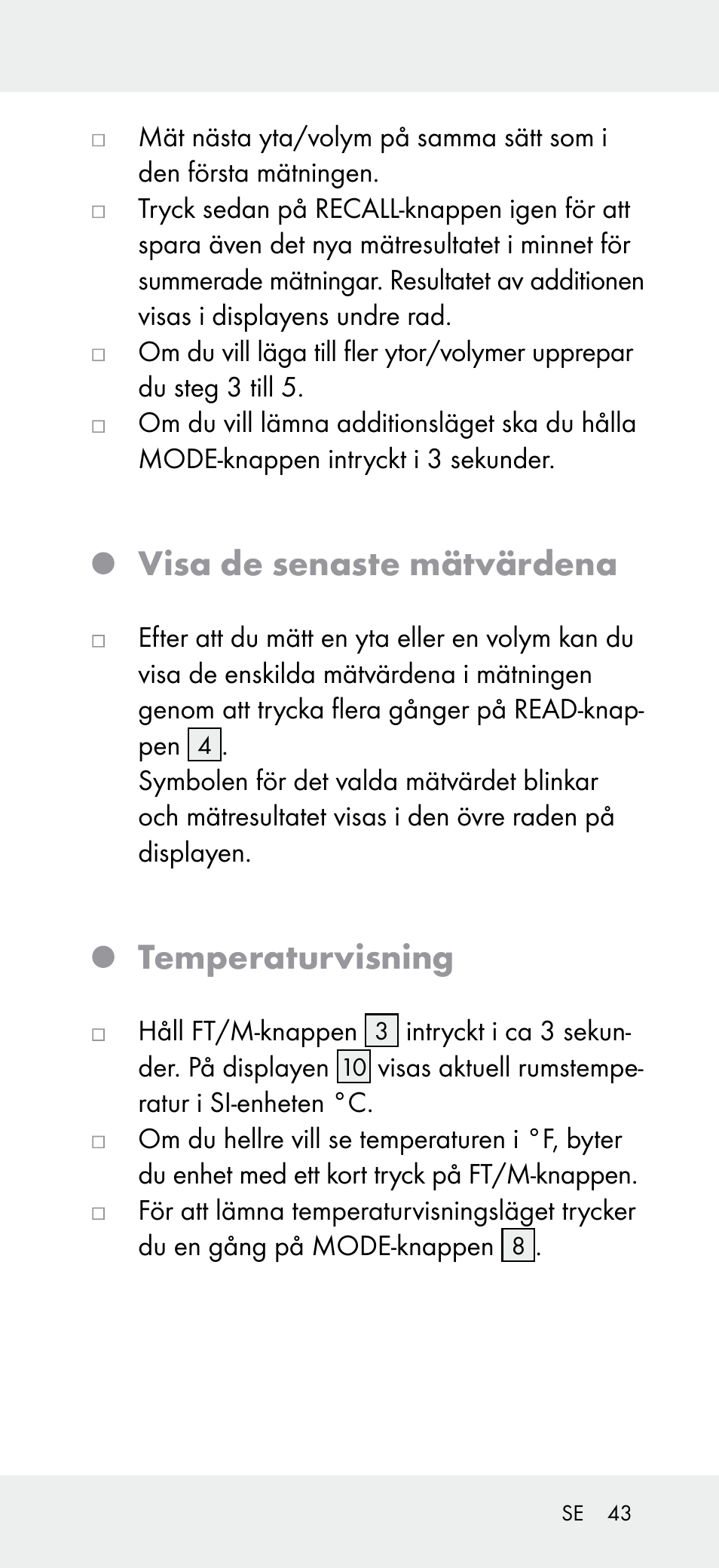 Visa de senaste mätvärdena, Temperaturvisning | Powerfix Z31697A User Manual | Page 43 / 104