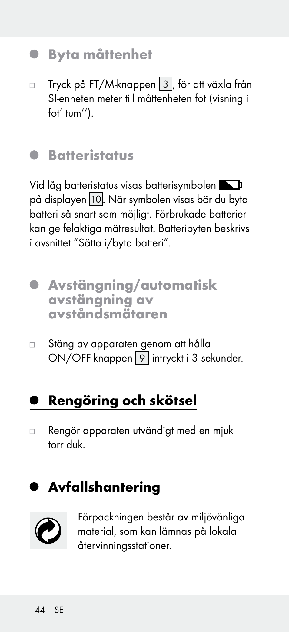 Byta måttenhet, Batteristatus, Rengöring och skötsel | Avfallshantering | Powerfix Z31697A User Manual | Page 44 / 104