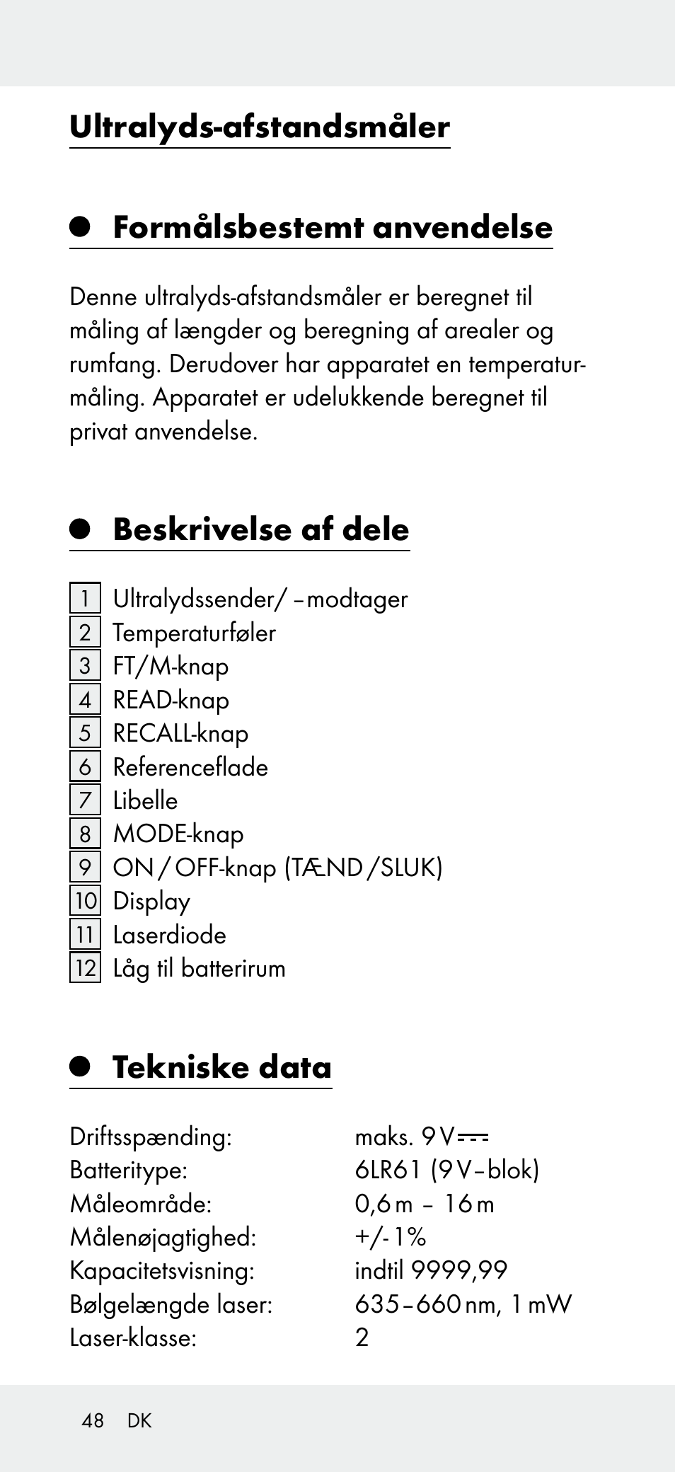 Ultralyds-afstandsmåler, Formålsbestemt anvendelse, Beskrivelse af dele | Tekniske data | Powerfix Z31697A User Manual | Page 48 / 104