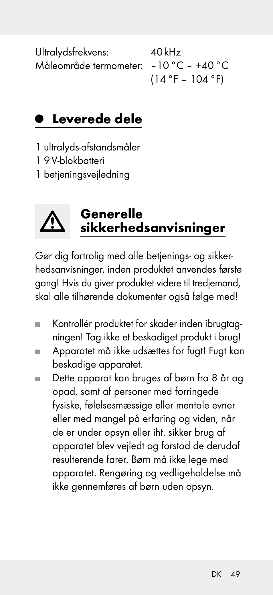 Leverede dele, Generelle sikkerhedsanvisninger | Powerfix Z31697A User Manual | Page 49 / 104