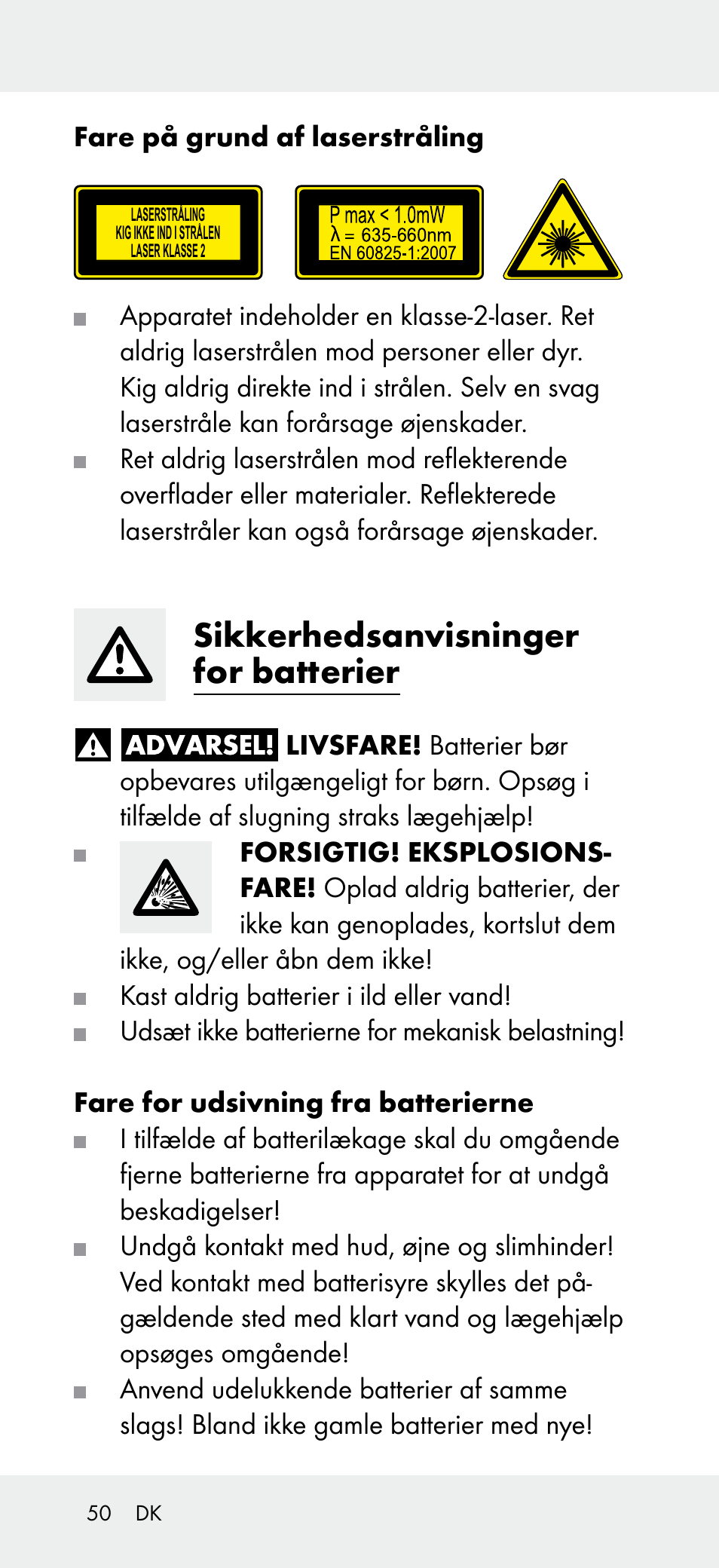 Sikkerhedsanvisninger for batterier | Powerfix Z31697A User Manual | Page 50 / 104