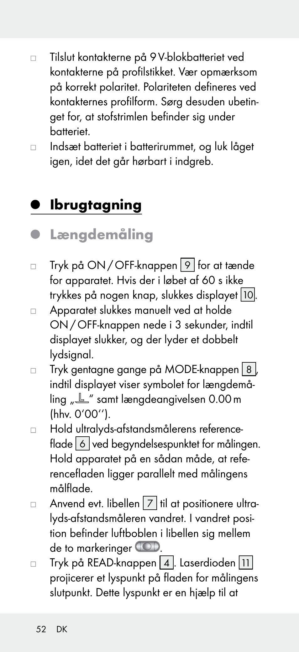 Ibrugtagning, Længdemåling | Powerfix Z31697A User Manual | Page 52 / 104