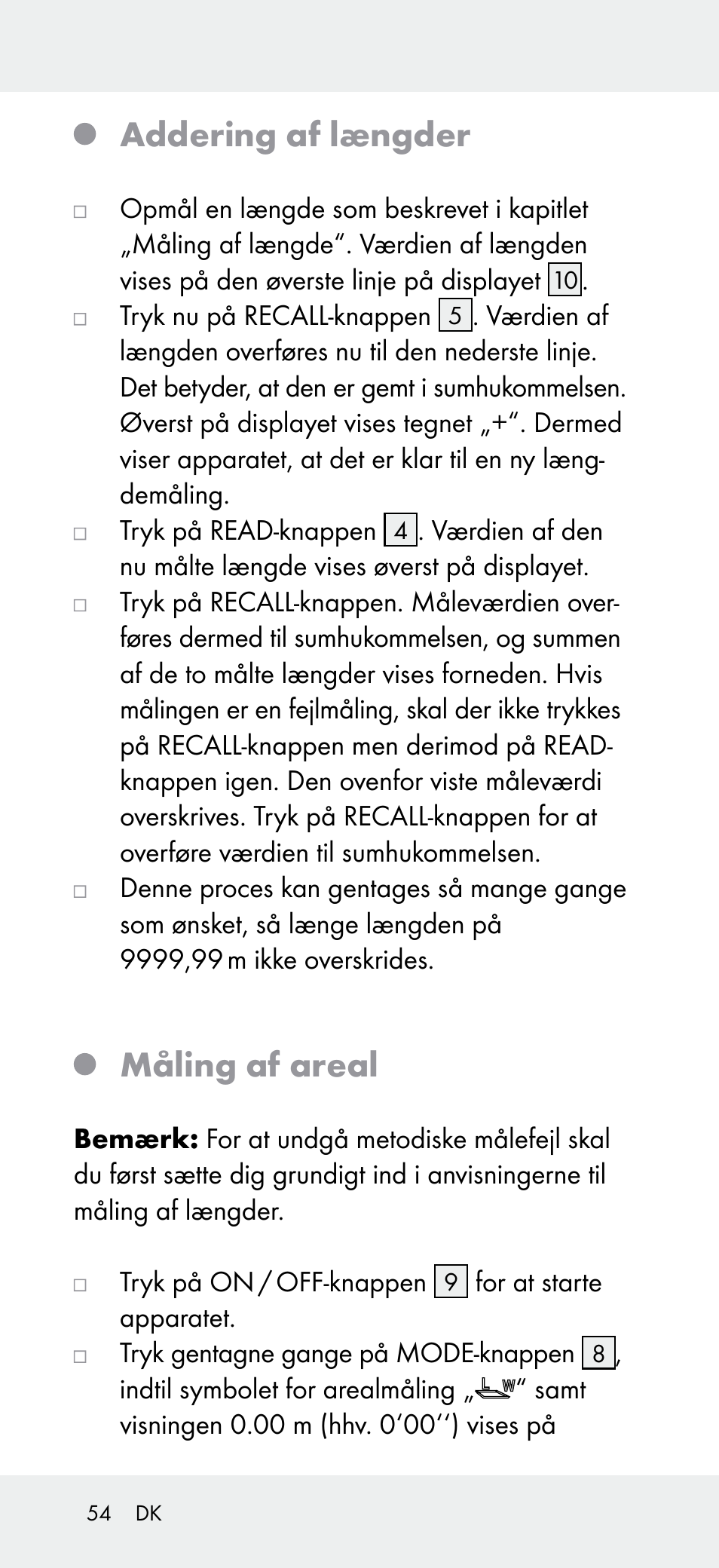 Addering af længder, Måling af areal | Powerfix Z31697A User Manual | Page 54 / 104