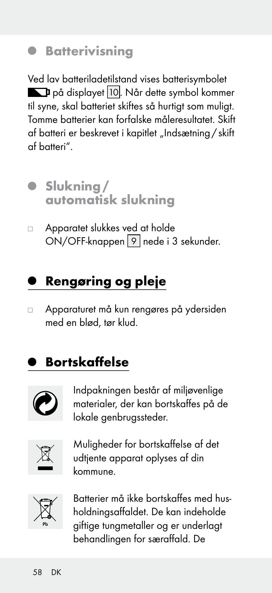 Batterivisning, Slukning / automatisk slukning, Rengøring og pleje | Bortskaffelse | Powerfix Z31697A User Manual | Page 58 / 104