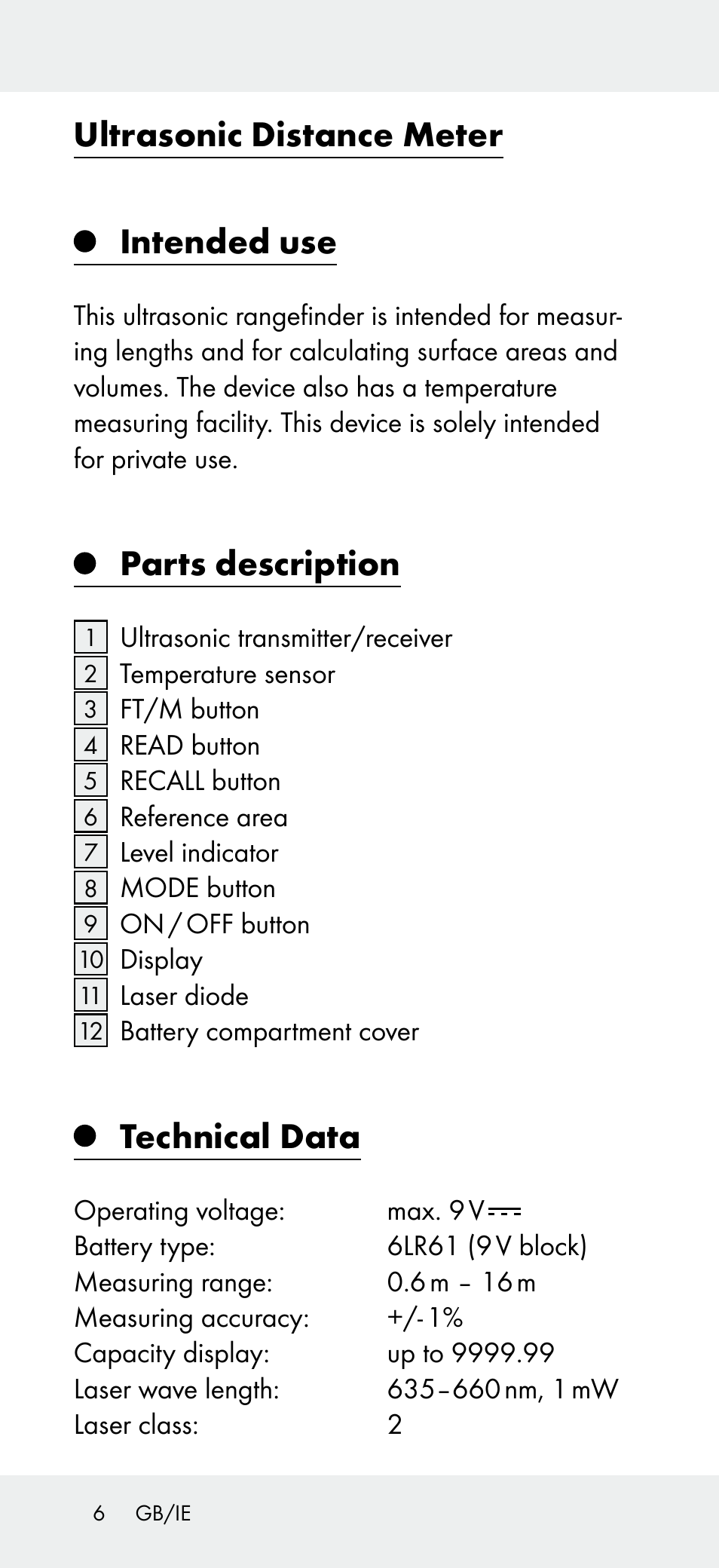 Ultrasonic distance meter, Intended use, Parts description | Technical data | Powerfix Z31697A User Manual | Page 6 / 104