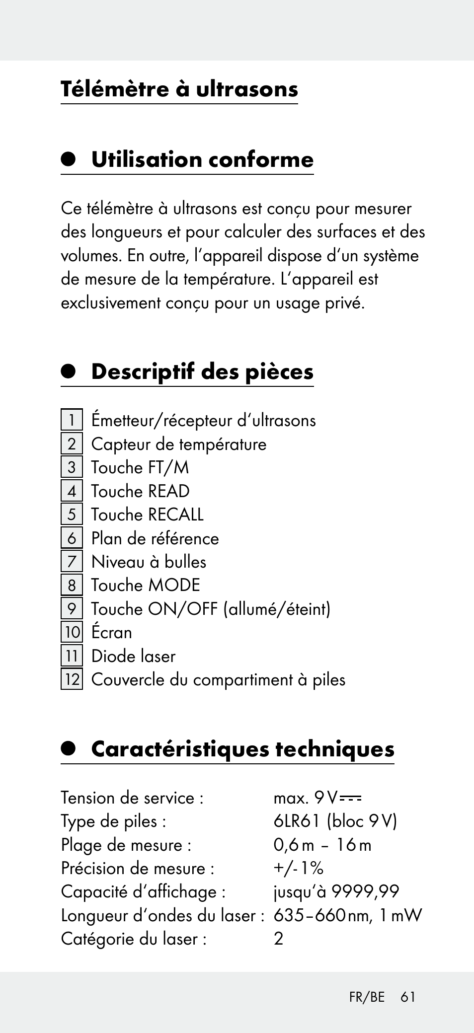 Télémètre à ultrasons, Utilisation conforme, Descriptif des pièces | Caractéristiques techniques | Powerfix Z31697A User Manual | Page 61 / 104