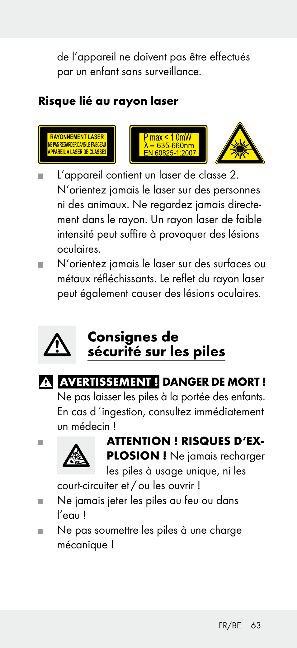 Consignes de sécurité sur les piles | Powerfix Z31697A User Manual | Page 63 / 104