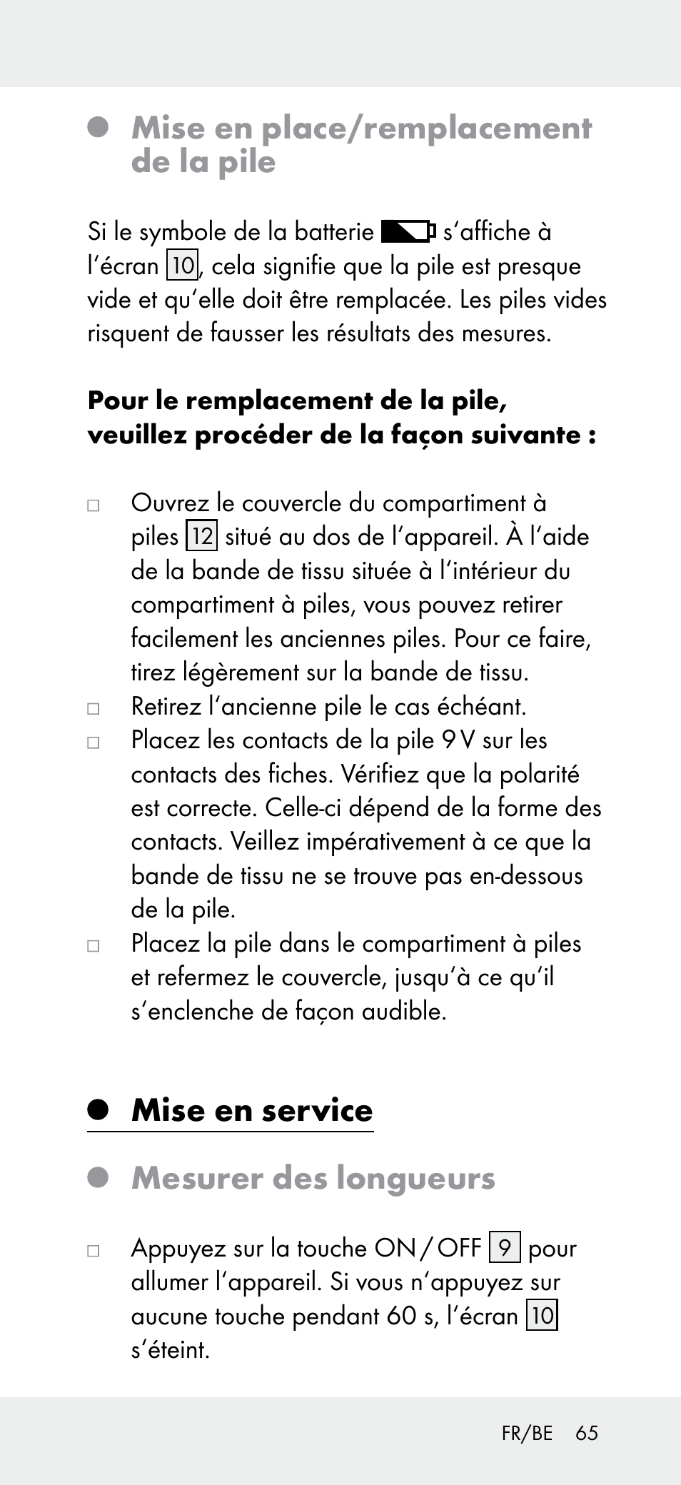 Mise en place/remplacement de la pile, Mise en service, Mesurer des longueurs | Powerfix Z31697A User Manual | Page 65 / 104