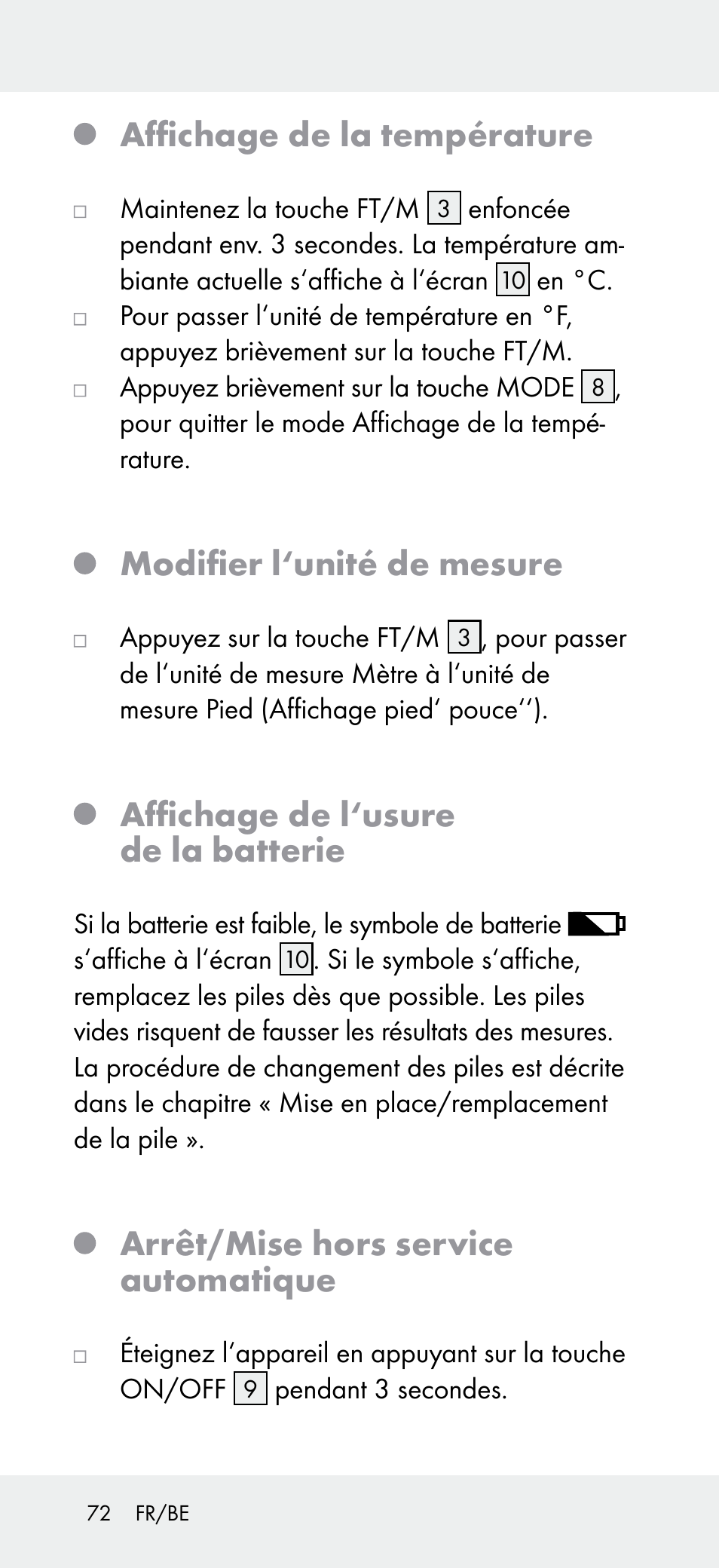 Affichage de la température, Modifier l‘unité de mesure, Affichage de l‘usure de la batterie | Arrêt/mise hors service automatique | Powerfix Z31697A User Manual | Page 72 / 104