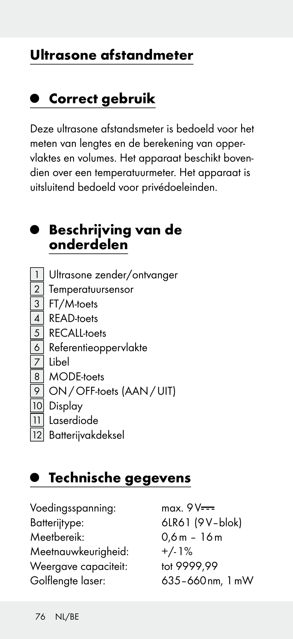 Ultrasone afstandmeter, Correct gebruik, Beschrijving van de onderdelen | Technische gegevens | Powerfix Z31697A User Manual | Page 76 / 104