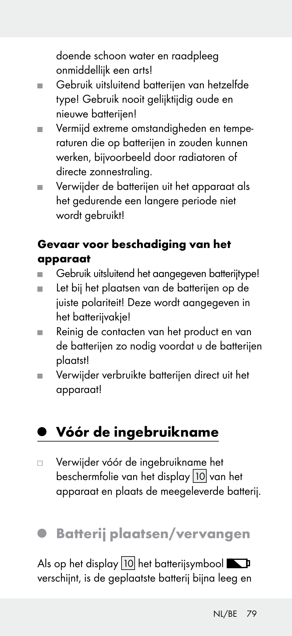 Vóór de ingebruikname, Batterij plaatsen/vervangen | Powerfix Z31697A User Manual | Page 79 / 104