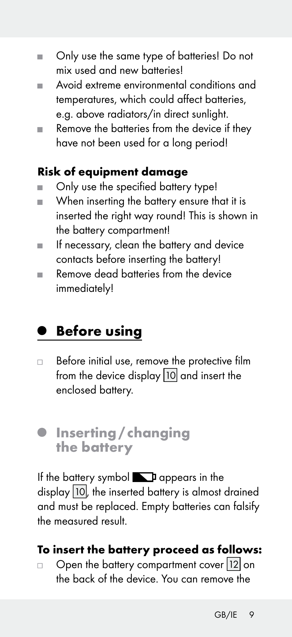 Before using, Inserting / changing the battery | Powerfix Z31697A User Manual | Page 9 / 104