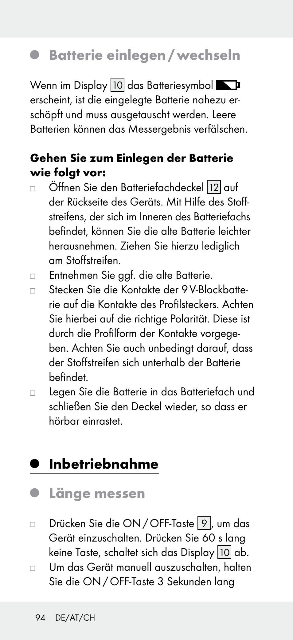 Batterie einlegen / wechseln, Inbetriebnahme, Länge messen | Powerfix Z31697A User Manual | Page 94 / 104