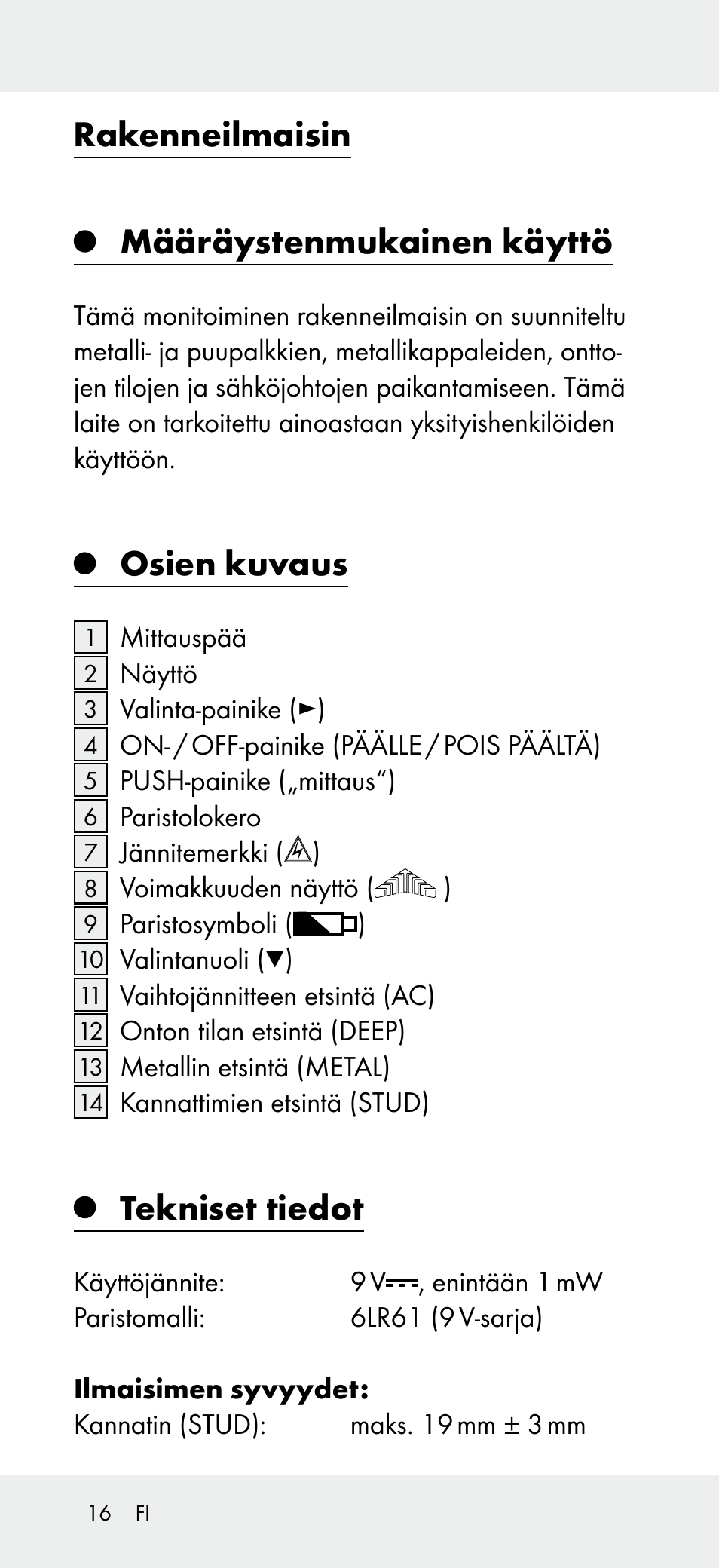 Rakenneilmaisin, Määräystenmukainen käyttö, Osien kuvaus | Tekniset tiedot | Powerfix Z31697B User Manual | Page 16 / 72
