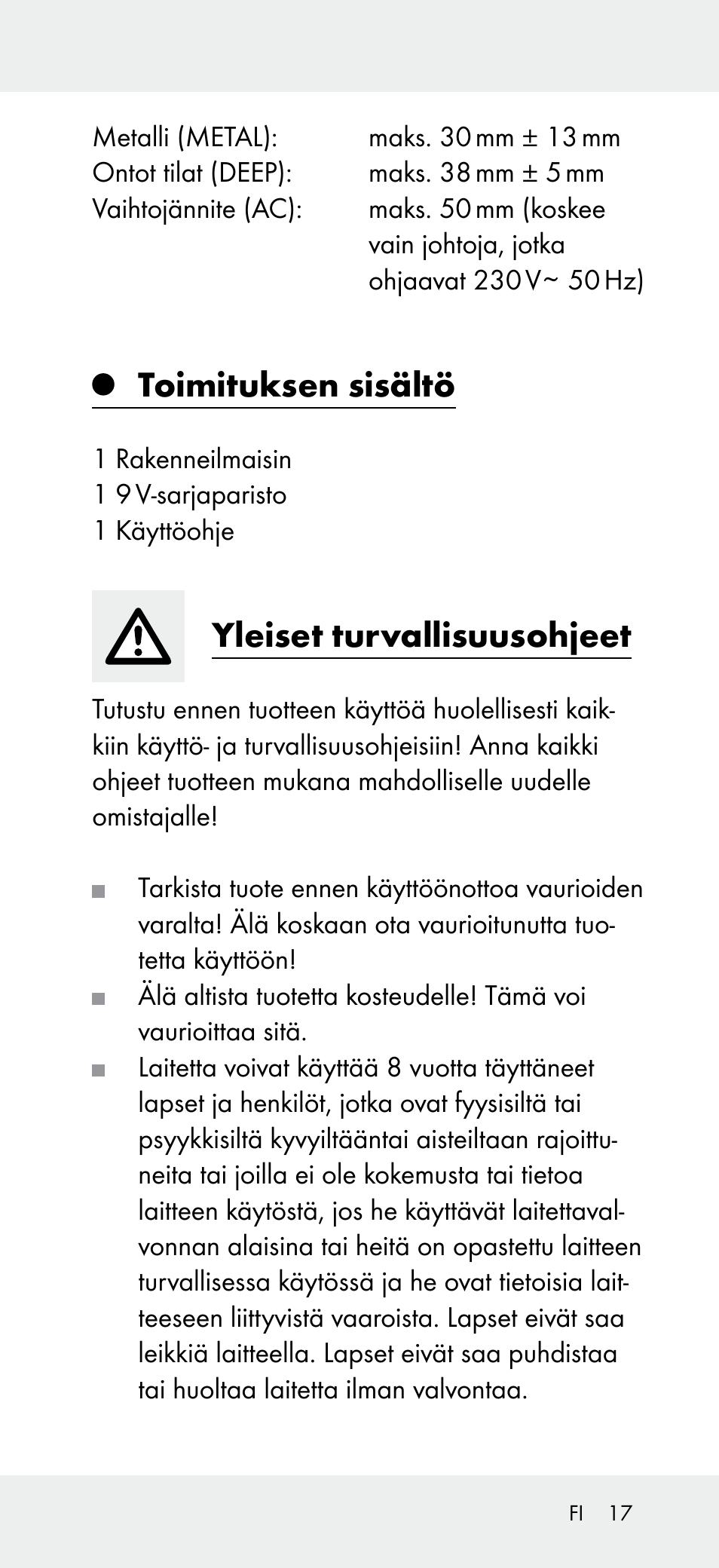 Toimituksen sisältö, Yleiset turvallisuusohjeet | Powerfix Z31697B User Manual | Page 17 / 72