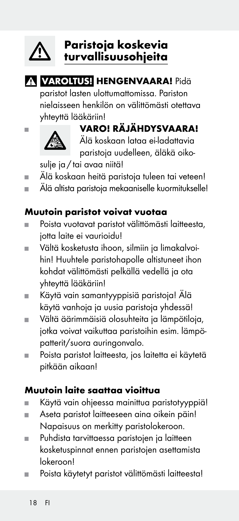 Paristoja koskevia turvallisuusohjeita | Powerfix Z31697B User Manual | Page 18 / 72