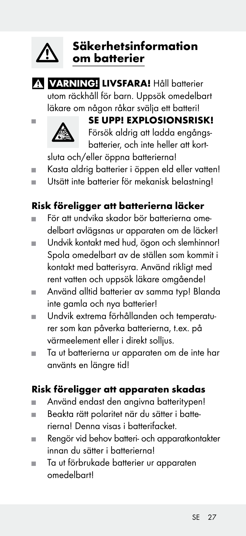 Säkerhetsinformation om batterier | Powerfix Z31697B User Manual | Page 27 / 72