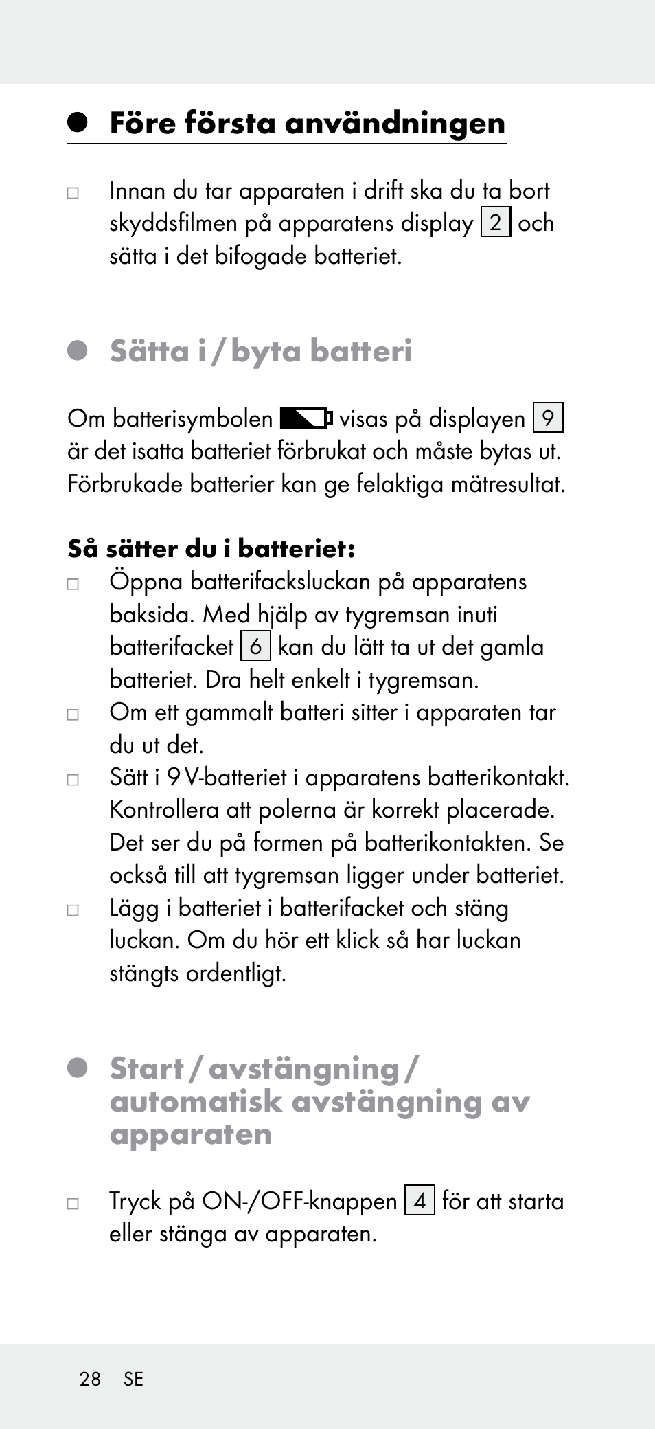 Före första användningen, Sätta i / byta batteri | Powerfix Z31697B User Manual | Page 28 / 72