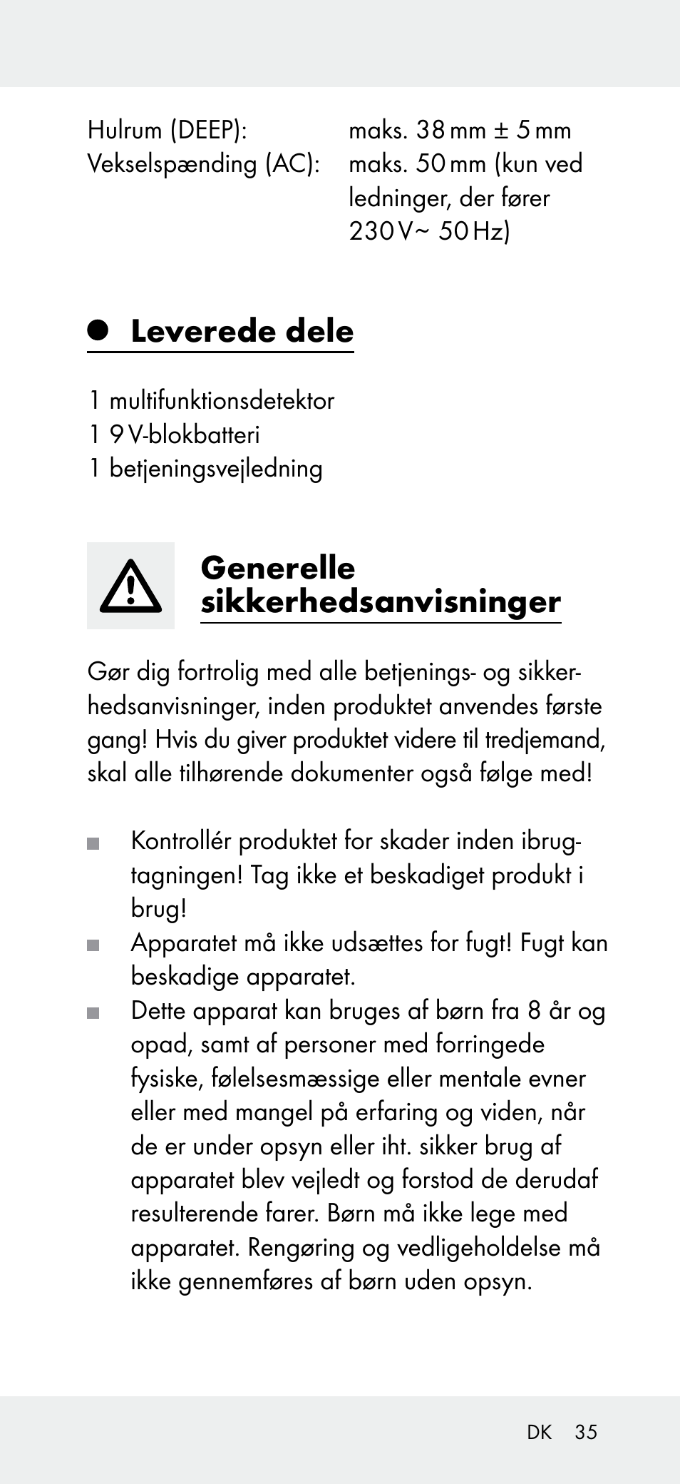 Leverede dele, Generelle sikkerhedsanvisninger | Powerfix Z31697B User Manual | Page 35 / 72