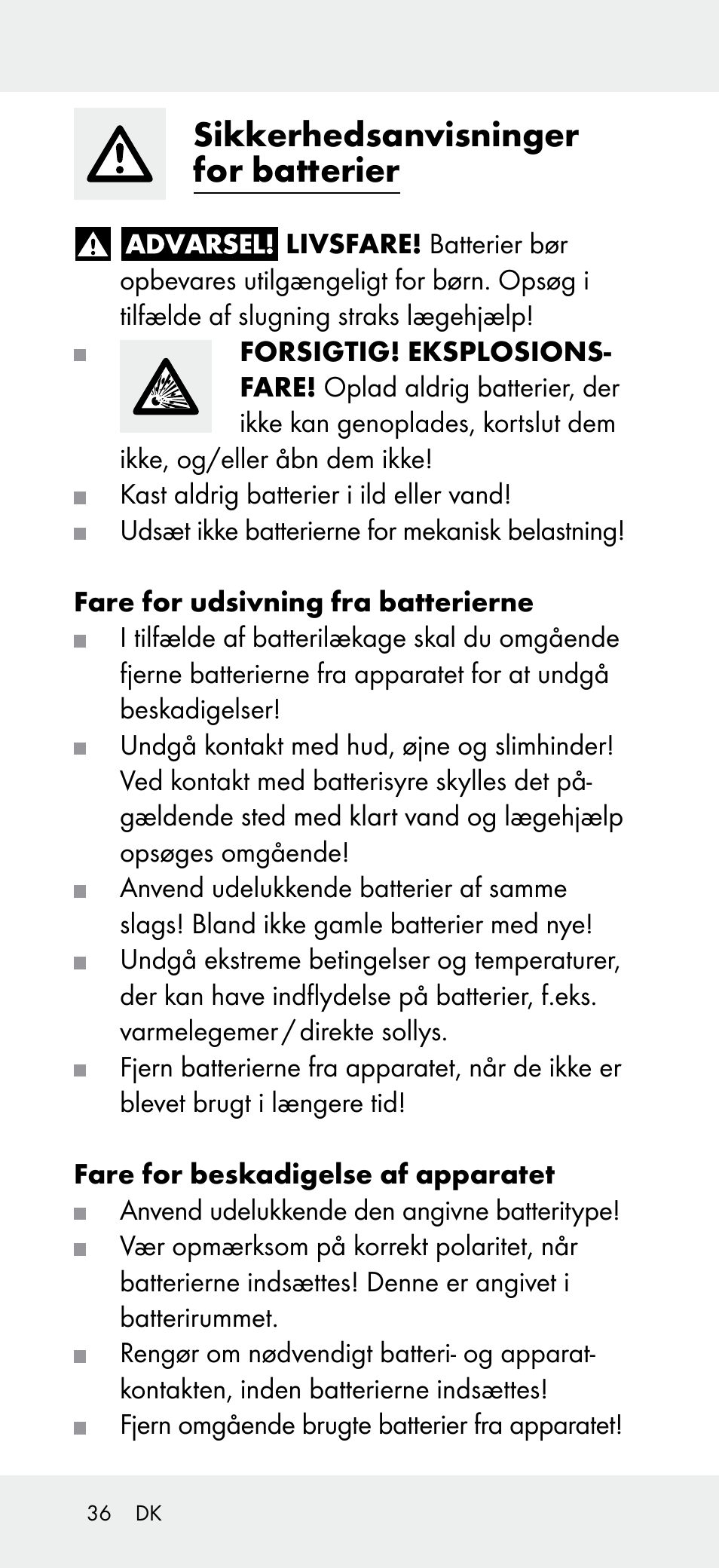 Sikkerhedsanvisninger for batterier | Powerfix Z31697B User Manual | Page 36 / 72